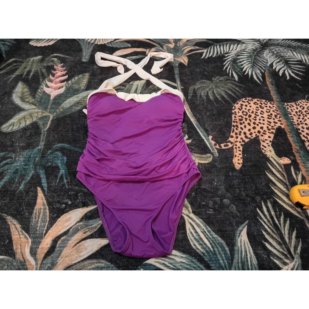Lauren Ralph Lauren Women's M Purple Ruched Halter One Piece Swimsuit White